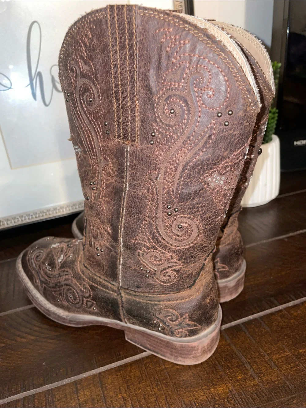 Roper Girls Faith Crystal Cross Western Boots with Stud Accents Size 2 Like New